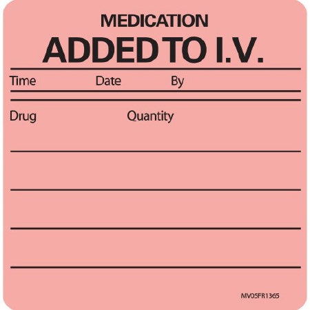 Precision Dynamics Pre-Printed Label Anesthesia Label MEDICATION ADDED TO I.V./Time___Date___By_______/Drug___Quantity___ Fluorescent Red 2-1/2 X 2-7/16 Inch - V05FR1365
