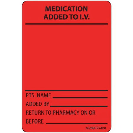 MedVision - Pre-Printed Label Anesthesia Label Red Paper Medication Added To IV Black Medication Instruction 2 X 2-15/16 Inch - MV08FR7400