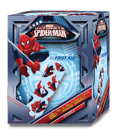 Medibadge American White Cross First Aid Adhesive Strip 3/4 X 3 Inch Plastic Rectangle Kid Design (Spider-Man) Sterile - AB125