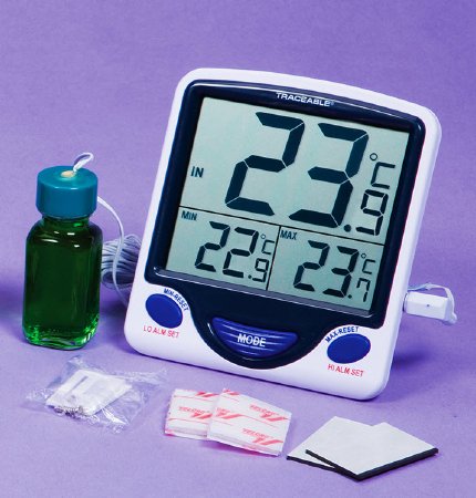 Traceable Jumbo Display Memory Monitoring - Digital Refrigerator / Freezer Thermometer with Alarm Fahrenheit / Celsius -58° to +158°F (-50° to +70°C) Bottle Probe Desk / Wall / Door Mount Battery Operated - 17751