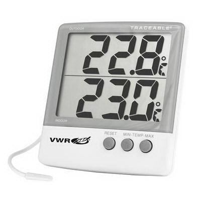 VWR International VWR Traceable Digital Thermometer Fahrenheit / Celsius -58° to 158°F (-50° to 70°C) External Probe Internal Sensor / External Probe Multiple Mounting Options Battery Operated - 61161-336