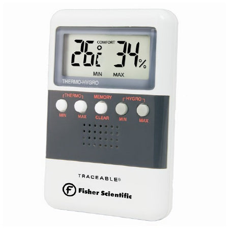 PANTek Technologies LLC Fisherbrand Traceable Digital Thermometer / Hygrometer Fahrenheit / Celsius 32° to 112° (0° to 50°C) Solid State Sensors Flip-out Stand, Wall Mount Battery Operated - S407994