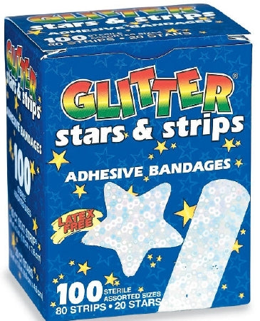SmileMakers Glitter Adhesive Strip 3/4 X 3 Inch / 1-4/5 X 1-4/5 Inch Plastic Rectangle / Star Kid Design ( Stars and Stripes) Sterile - BAN24