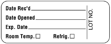 United Ad Label Pre-Printed / Write On Label Communication Fill In Date Rec'd___________Date Opened___________Exp. Date___________Room Temp. Refrig. Lot No. White 7/8 X 2-1/4 Inch - ULLR126