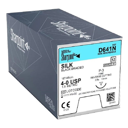 Surgical Specialties - Suture with Needle Nonabsorbable Coated Black Suture Braided Silk Size 4 - 0 18 Inch Suture 1-Needle 13 mm Length 3/8 Circle Precision Reverse Cutting Needle - D641N