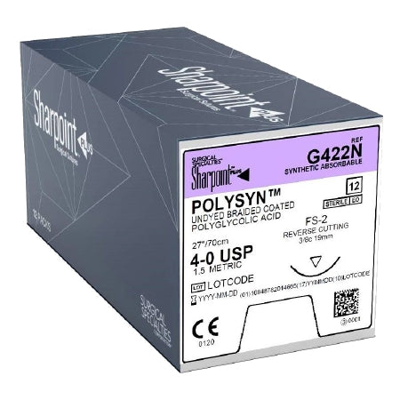PolySyn - Suture with Needle Absorbable Coated Undyed Suture Braided Polyglycolic Acid Suture Size 4 - 0 27 Inch Suture 1-Needle 19 mm Length 3/8 Circle Precision Reverse Cutting Needle - G422N