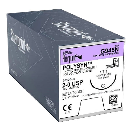 PolySyn - Suture with Needle Absorbable Coated Undyed Suture Braided Polyglycolic Acid Suture Size 2 - 0 36 Inch Suture 1-Needle 36 mm Length 1/2 Circle Taper Point Needle - G945N