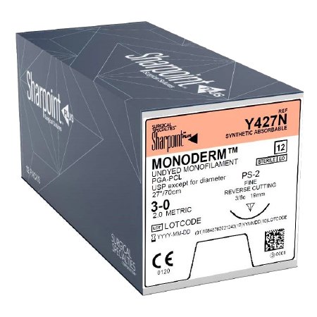 Monoderm - Suture with Needle Absorbable Uncoated Undyed Suture Monofilament Polyglycolic Acid Suture Size 3 - 0 27 Inch Suture 1-Needle 19 mm Length 3/8 Circle Precision Reverse Cutting Needle - Y427N