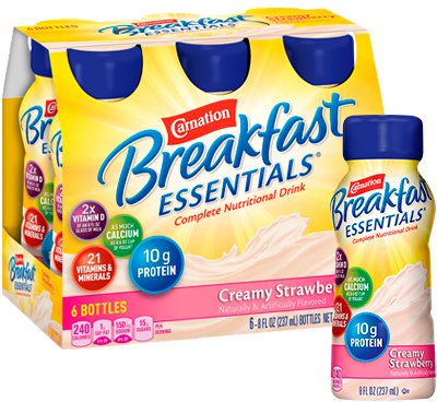 Nestle Healthcare Nutrition Carnation Breakfast Essentials Oral Supplement Creamy Strawberry Flavor 8 oz. Bottle Ready to Use - 12230500