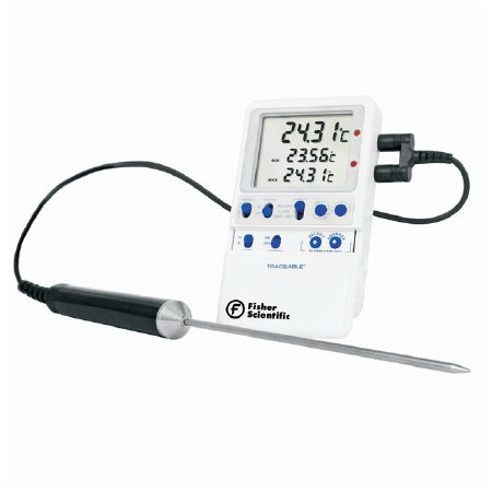 PANTek Technologies LLC Fisher Scientific Traceable Digital Refrigerator / Freezer Thermometer Fahrenheit / Celsius -148° to 199.99°F (-100° to 199.99°C) Stainless Steel Probe Multiple Mounting Options Battery Operated - 15-081-108