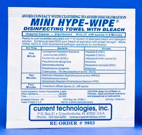 Current Technologies Mini HYPE-WIPE Surface Disinfectant Premoistened Wipe 100 Count Individual Packet Bleach Scent - 9803