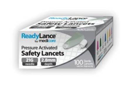 Medicore Medical ReadyLance Safety Lancet Fixed Depth Lancet Needle 2.8 mm Depth 21 Gauge Pressure Activated - 808