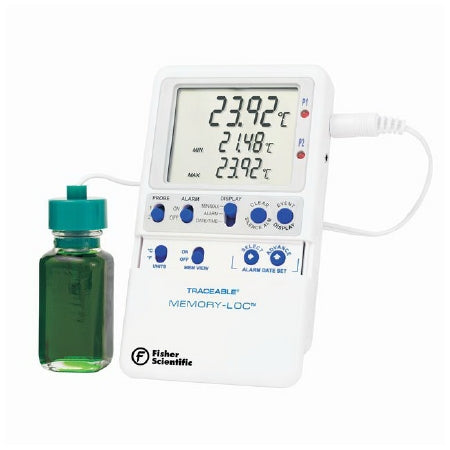 PANTek Technologies LLC Fisherbrand Traceable Memory-Loc Datalogging Refrigerator / Freezer Thermometer Fahrenheit / Celsius -58° to +158°F (-50° to +70°C) Bottle Probe Multiple Mounting Options Battery Operated - 15081130
