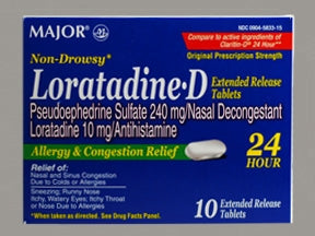 Major Pharmaceuticals Allergy Relief 10 mg - 240 mg Strength Tablet 10 per Box - 904583315