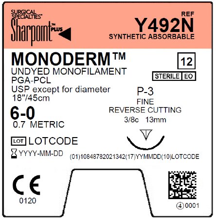 Monoderm - Suture with Needle Absorbable Uncoated Undyed Suture Monofilament Polyglycolic Acid Suture Size 6 - 0 18 Inch Suture 1-Needle 13 mm Length 3/8 Circle Reverse Cutting Needle - Y492N