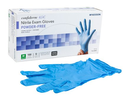McKesson McKesson Confiderm 4.5C Exam Glove Medium NonSterile Nitrile Standard Cuff Length Textured Fingertips Blue Chemo Tested - 14-656C