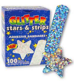 Medibadge Glitter Adhesive Strip 1-3/4 Inch / 3/4 X 3 Inch Plastic Rectangle / Star Kid Design ( Stars and Strips) Sterile - AB48