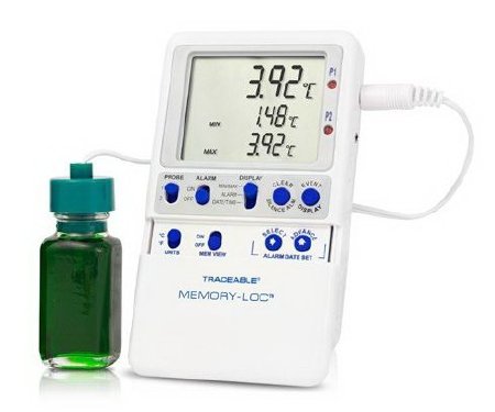 Traceable Memory-Loc - Refrigerator / Freezer Temperature Data Logger with Alarm Fahrenheit / Celsius -58° to +158°F (-50° to +70°C) Glycol Bottle Probe Multiple Mounting Options Battery Operated - 94460-37