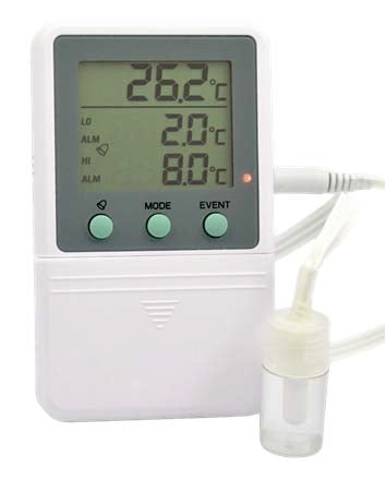 Thermco Time Date Stamp - Digital Refrigerator Thermometer with Alarm Fahrenheit / Celsius -58° to +158°F (-50° to +70°C) Glycol Bottle Probe Desk / Wall / Door Mount Battery Operated - 10025-454