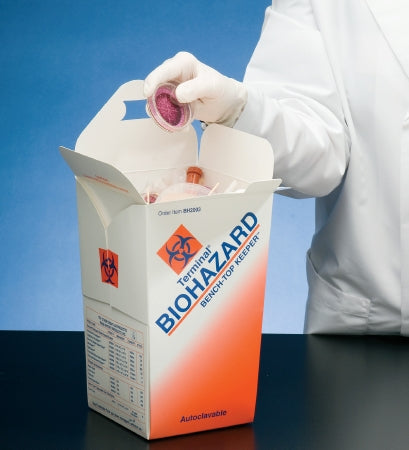 Whitney Products Inc Biohazard Bench-Top Keeper Biohazard Waste Container 6 X 6 X 10 Inch White / Orange Paperboard 3,000 mL (101 oz.) Capacity - BH2003