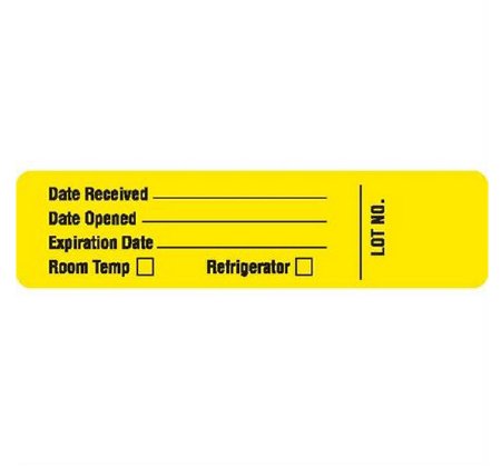 Market Lab Inc Pre-Printed / Write On Label Communication Fill In Date Rec'd __________ / Date Opened __________ / Expiration Date _________ / Room Temp, Refrigerator, LOT NO. Yellow 0.87 X 3-1/2 Inch - 8034
