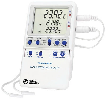 Fisher Scientific Fisherbrand Traceable Excursion-Trac Datalogging Refrigerator Thermometer Fahrenheit / Celsius -58° to +158°F (-50° to +70°C) 2 External Probes Multiple Mounting Options AC Adapter / Battery Backup - 15081126