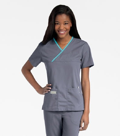 Landau Uniforms Urbane Performance Scrub Shirt X-Small Steel Gray / Aqua 2 Pockets Short Sleeves Female - 9534STAQPXS