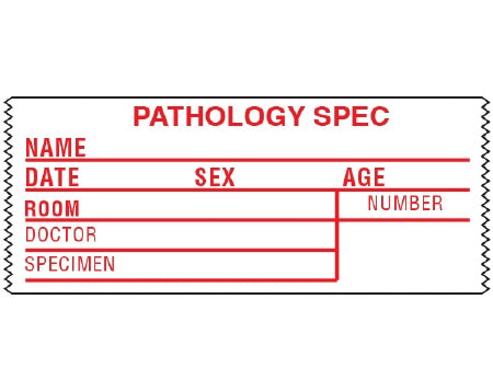 Shamrock - Pre-Printed Label Laboratory Use White Tape PATHOLOGY SPEC / NAME _____ / DATE _____ SEX _____ AGE _____ Red Lab / Specimen 1-1/2 X 3-1/2 Inch - SL-4