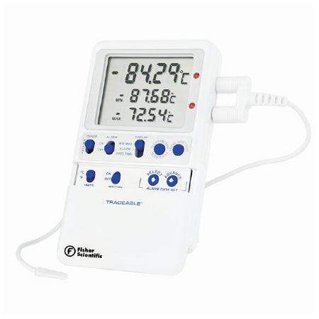 Fisher Scientific Fisherbrand Traceable Digital Refrigerator / Freezer Thermometer Fahrenheit / Celsius -148° to 158°F (-100° to 70°C) Platinum RTD Stainless Steel Probe Multiple Mounting Options Battery Operated - 15081109
