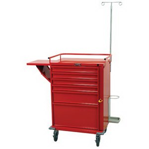 V-Series - Crash Cart Steel Body and Drawers 22 X 33.25 X 67.4 Inch Height includes IV Pole Red (4)-3 Inch, (1)-6 Inch, (1)-12 Inch Drawer Configuration, 16.75 X 23 Inch Internal Drawer - V30-6EMG