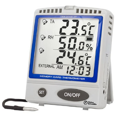 Fisherbrand Traceable - Datalogging Refrigerator / Freezer Thermometer / Hygrometer with Alarm Fahrenheit / Celsius -22° to +158°F (-30° to +70°C) Internal Sensor / Stainless Steel Probe Multiple Mounting Options Battery Operated - 15081111