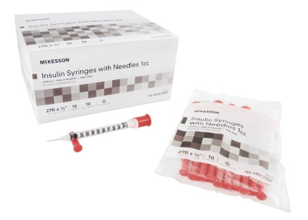 McKesson McKesson Insulin Syringe with Needle 1 mL 27 Gauge 1/2 Inch Attached Needle Without Safety - 102-SN1C2705