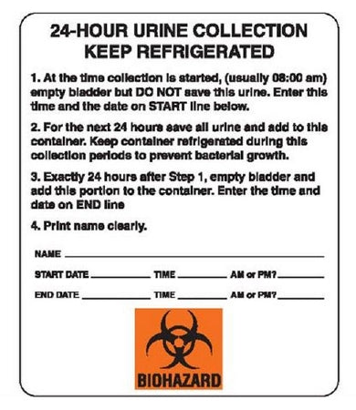 Market Lab Inc Pre-Printed Label Laboratory Use 24-Hour Urine Collection Keep Refrigerated White 3 X 4 Inch - 6462