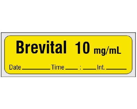 Shamrock Scientific Shamrock Pre-Printed Label Anesthesia Label BREVITAL 10 mg / mL / Date _____ Time _____ Int. _____ Yellow 1/2 X 500 Inch - SA-208-DTI-PRE