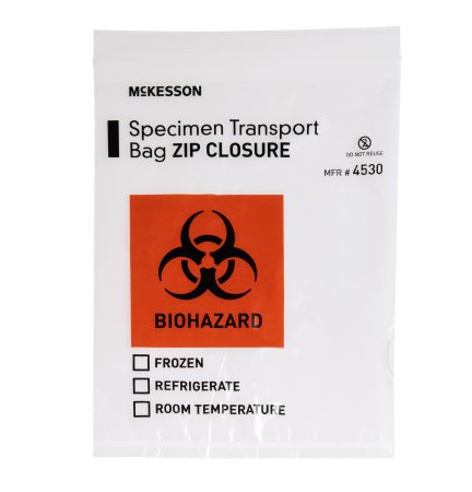 McKesson McKesson Specimen Transport Bag 8 X 10 Inch Plastic Biohazard Symbol / Storage Instructions Zip Closure NonSterile - 4530