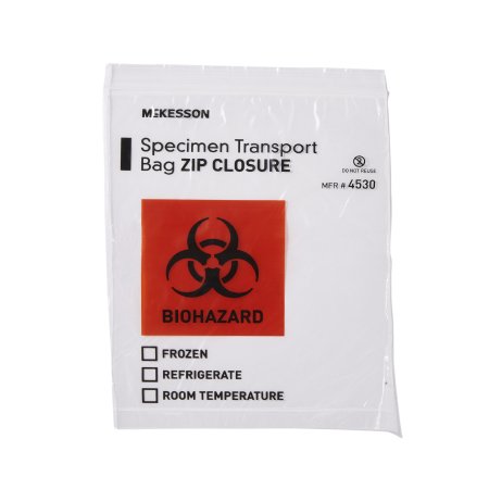 McKesson - Specimen Transport Bag 8 X 10 Inch Zip Closure Biohazard Symbol / Storage Instructions NonSterile - 4530