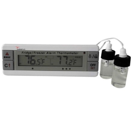 CardinalHealth - Digital Refrigerator / Freezer Thermometer with Alarm Fahrenheit / Celsius -40° to +158°F (-40° to +70°C) 2 Bottle Probes Flip-out Stand / Wall Mount Battery Operated - CH2941-5