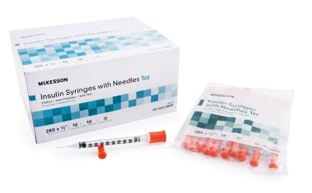 McKesson McKesson Insulin Syringe with Needle 1 mL 28 Gauge 1/2 Inch Attached Needle Without Safety - 102-SN1C2805