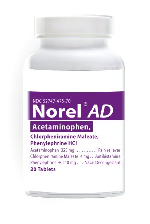 Norel AD - Cold and Sinus Relief 325 mg - 5 mg Strength Tablet 20 per Box - 52747047570