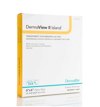 DermaRite Industries DermaView II Island Transparent Film Dressing with Pad Rectangle 3-1/2 X 10 Inch Frame Style Delivery With Label Sterile - 16310