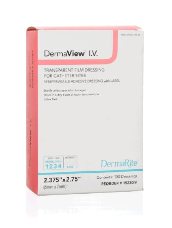 DermaRite Industries DermaView I.V. Transparent IV Dressing Film / Adhesive 2.375 X 2.75 Inch Rectangle Sterile - 15230IV