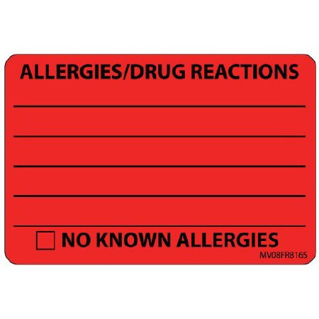 MedVision - Pre-Printed Label Allergy Alert Red Paper ALLERGIES/DRUG REACTIONS______/NO KNOWN ALLERGIES Black Alert Label 2 X 2-15/16 Inch - MV08FR8165