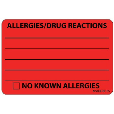 Precision Dynamics MedVision Pre-Printed Label Allergy Alert ALLERGIES/DRUG REACTIONS______/NO KNOWN ALLERGIES Fluorescent Red 2 X 2-15/16 Inch - V08FR8165