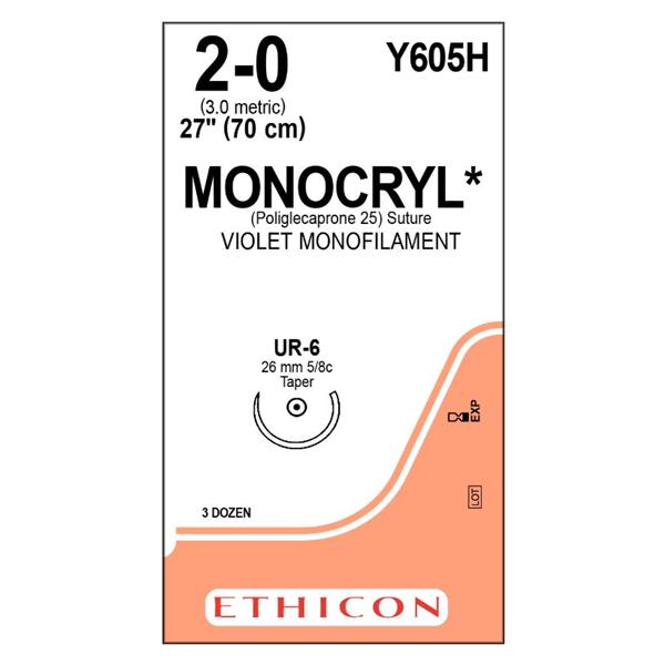Ethicon Inc,a J & J Company Suture 2-0 Poliglecaprone 25 Ur-6 Monocryl Violet 27" Monofilament 36/Bx - Y605H