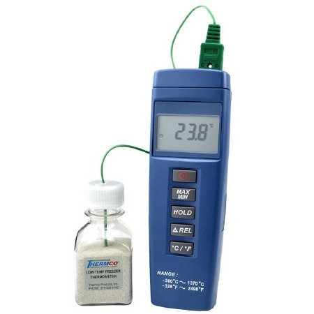 Thermco Products - Digital Ultra-Low Freezer Thermometer Fahrenheit / Celsius -148° to +320°F (-100° to +160°C) with Bottle Bottle Probe Battery Operated - ACCULF307