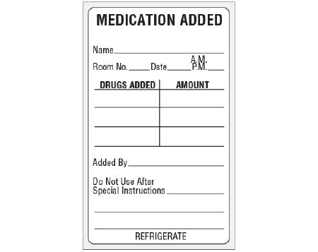 Shamrock Scientific Shamrock Pre-Printed Label Anesthesia Label MEDICATION ADDED / NAME____ / ROOM NO.__ DATE__ AM PM__ / DRUGS ADDED AMOUNT / ADDED BY ____ / DO NOT USE AFTER ____ / SPECIAL INSTRUCTIONS ____ / REFRIGERATE White 4 X 2-1/2 Inch - SMA-2124
