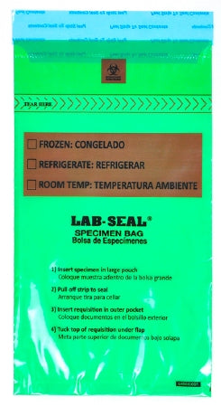 Lab-Seal Tamper-Evident - Specimen Transport Bag with Document Pouch 6 X 10 Inch Adhesive Closure Biohazard Symbol / Storage Instructions NonSterile - LABA610GR