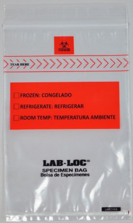 Lab-Loc - Specimen Transport Bag with Document Pouch 4 X 6 Inch Zip Closure Biohazard Symbol / Storage Instructions NonSterile - LABZ46B