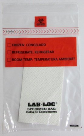 Lab-Loc - Specimen Transport Bag with Document Pouch and Absorbent Pad 6 X 9 Inch Zip Closure Biohazard Symbol / Storage Instructions NonSterile - LABZ69BA