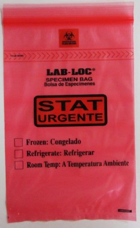 Lab-Loc - Specimen Transport Bag with Document Pouch 6 X 9 Inch Zip Closure STAT / Biohazard Symbol / Storage Instructions NonSterile - LABZ69RST